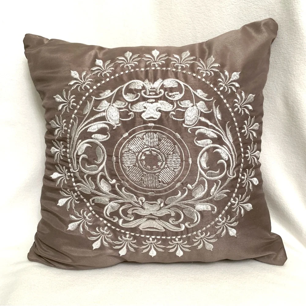 Embroidered Floral Fleur-De-Lis Medallion Pattern on Taupe Jacquard Throw Pillow
